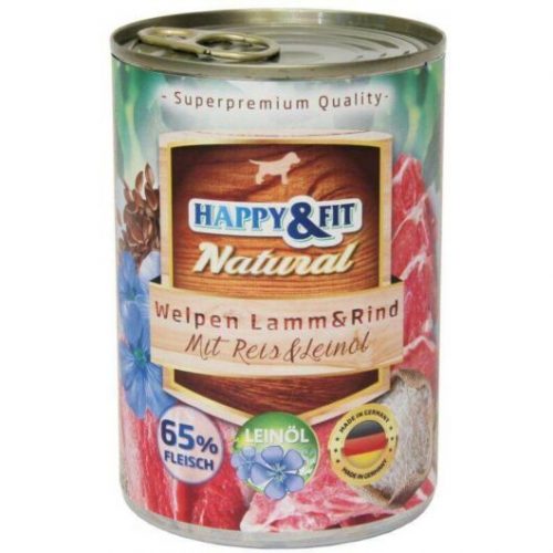 Happy&Fit Natural Dog konzerv junior bárány, marha rizzsel és lenmagolajjal 800gr